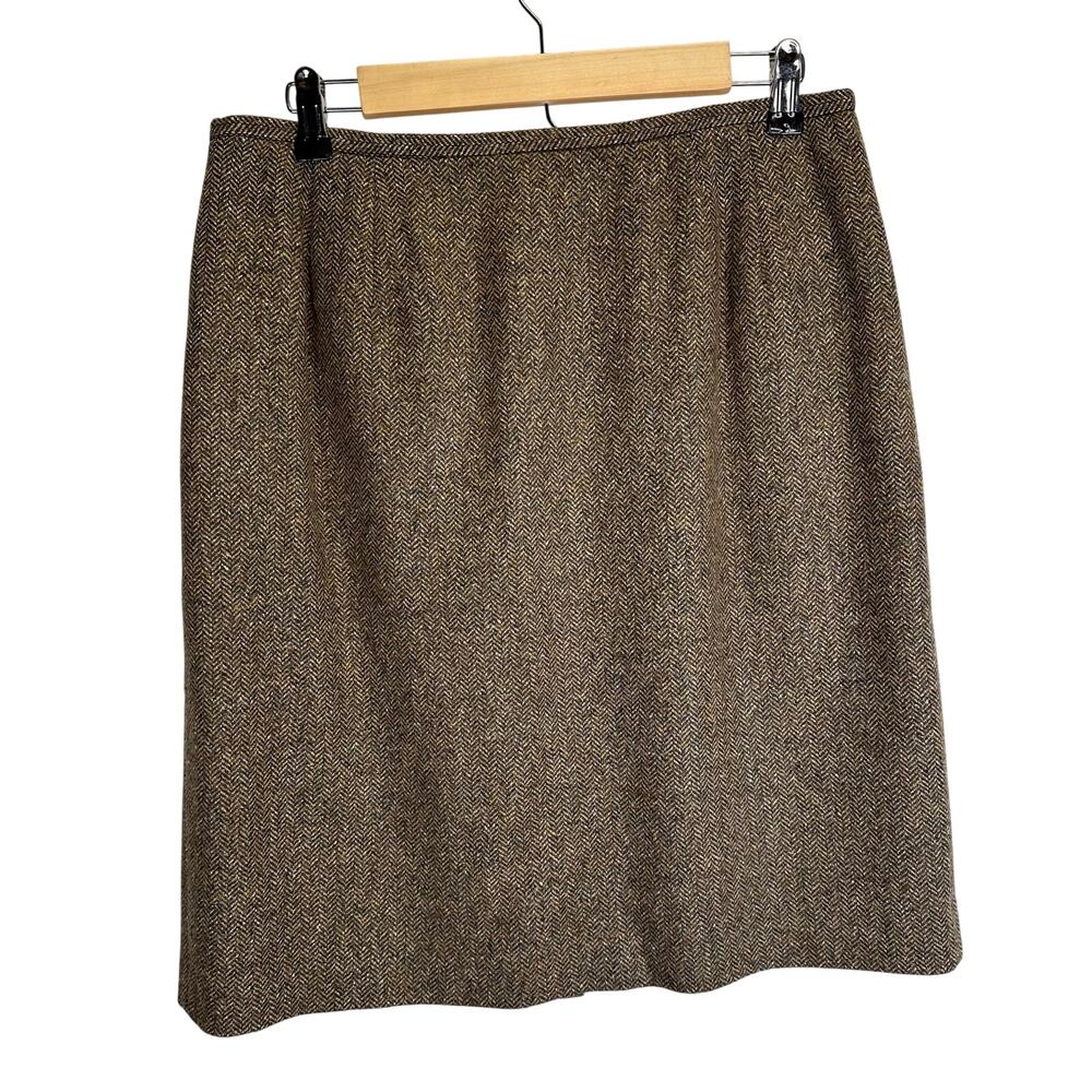 Talbots Wool Blend Brown Herringbone Midi Straight Skirt Womens Size 14 Office